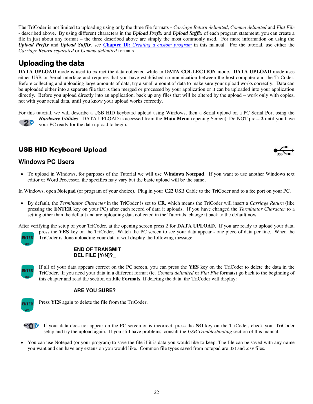 Worth Data 5000 owner manual Uploading the data, USB HID Keyboard Upload Windows PC Users 