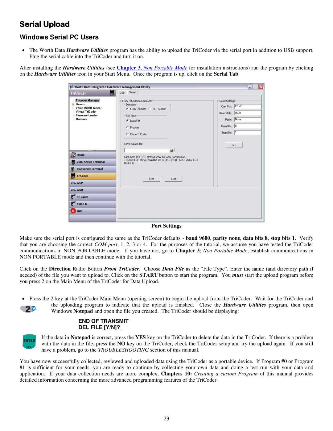 Worth Data 5000 owner manual Serial Upload, Windows Serial PC Users, Port Settings 