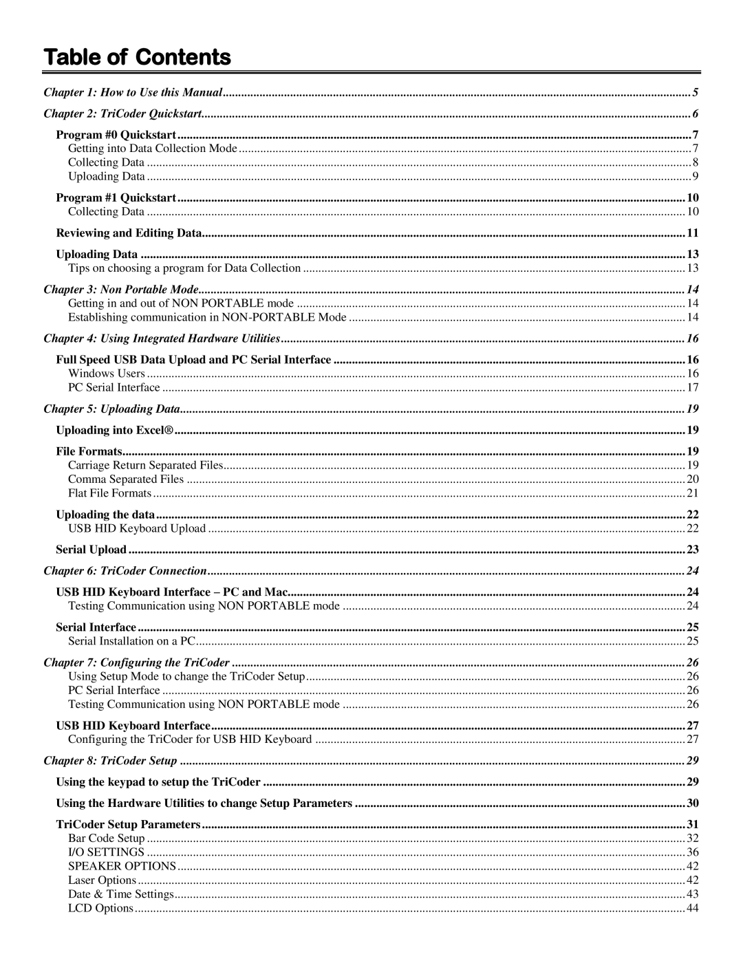 Worth Data 5000 owner manual Table of Contents 