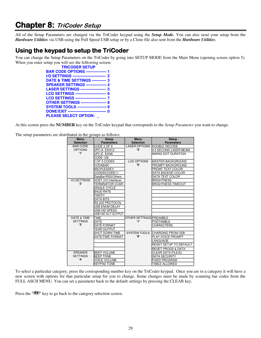 Worth Data 5000 owner manual TriCoder Setup, Using the keypad to setup the TriCoder 