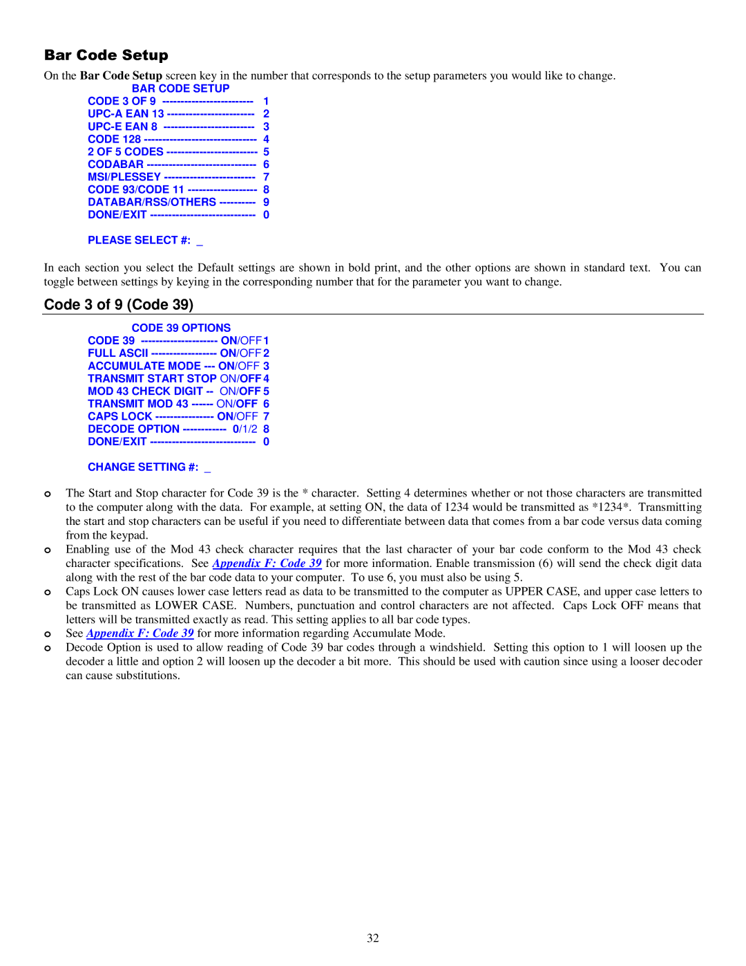 Worth Data 5000 owner manual Bar Code Setup, Code 3 of 9 Code 