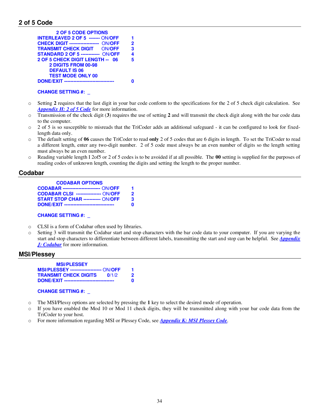 Worth Data 5000 owner manual Code, MSI/Plessey 