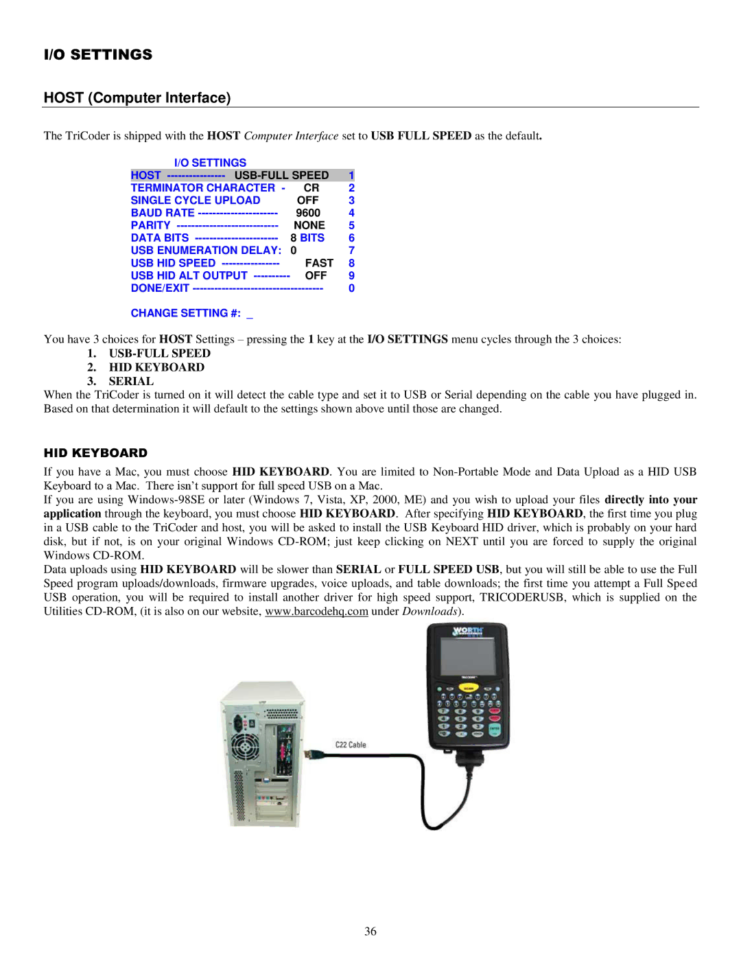 Worth Data 5000 owner manual Settings, Host Computer Interface 