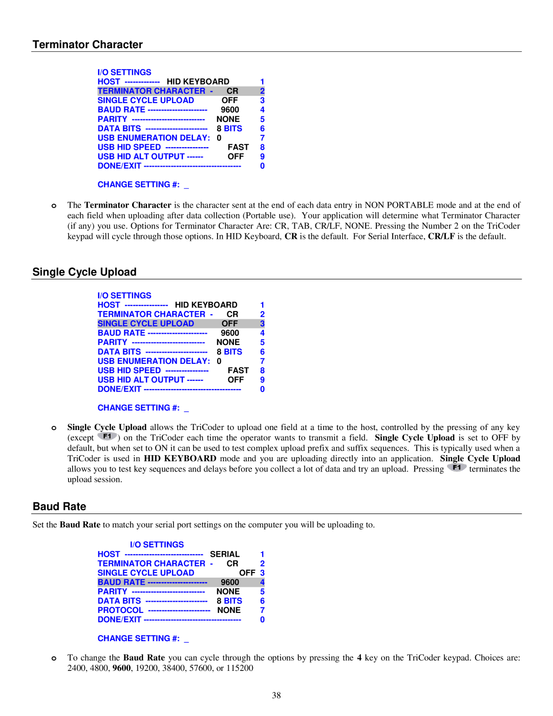 Worth Data 5000 owner manual Terminator Character, Single Cycle Upload, Baud Rate 