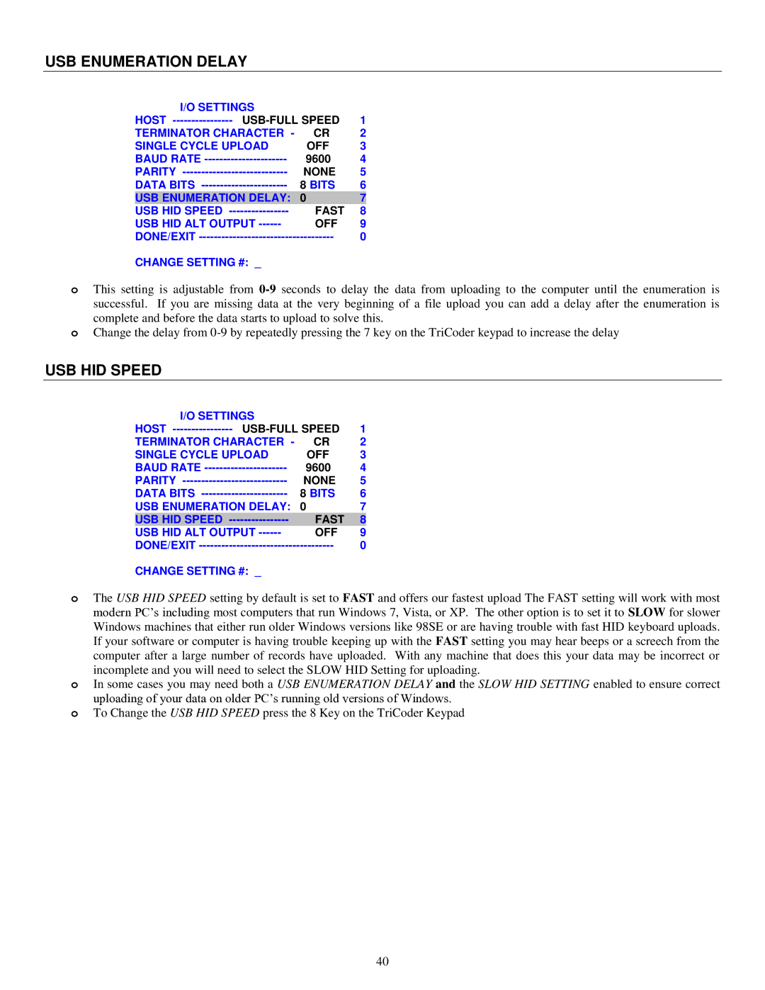 Worth Data 5000 owner manual USB Enumeration Delay 