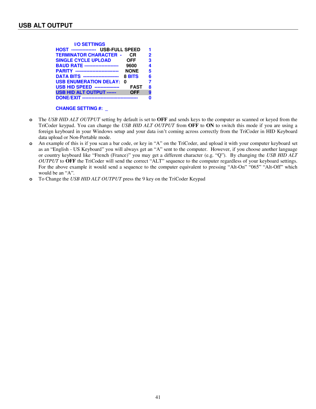 Worth Data 5000 owner manual USB ALT Output 