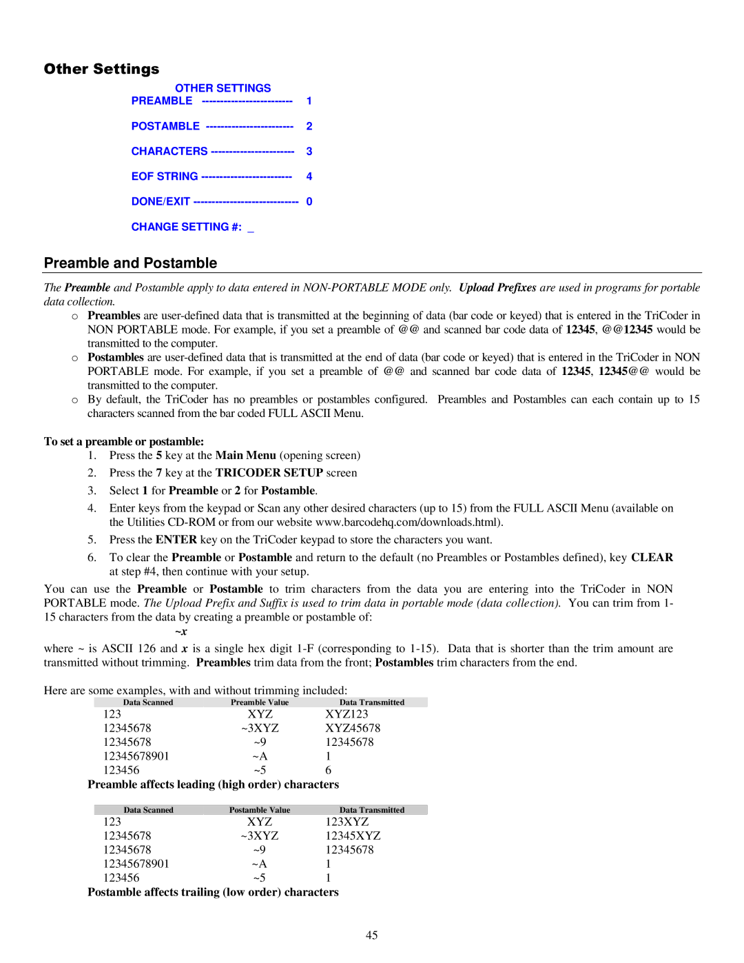 Worth Data 5000 Preamble and Postamble, To set a preamble or postamble, Select 1 for Preamble or 2 for Postamble 