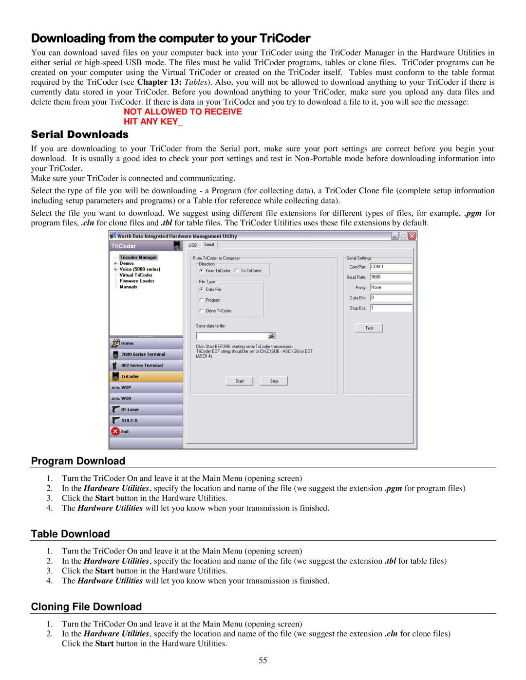 Worth Data 5000 Downloading from the computer to your TriCoder, Serial Downloads, Program Download, Table Download 