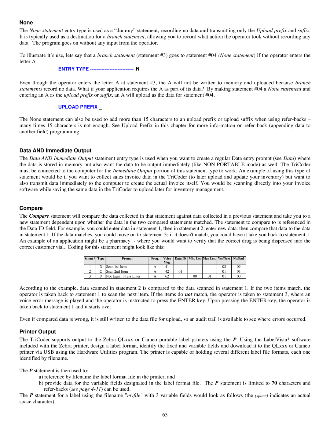 Worth Data 5000 owner manual None, Data and Immediate Output, Compare, Printer Output 