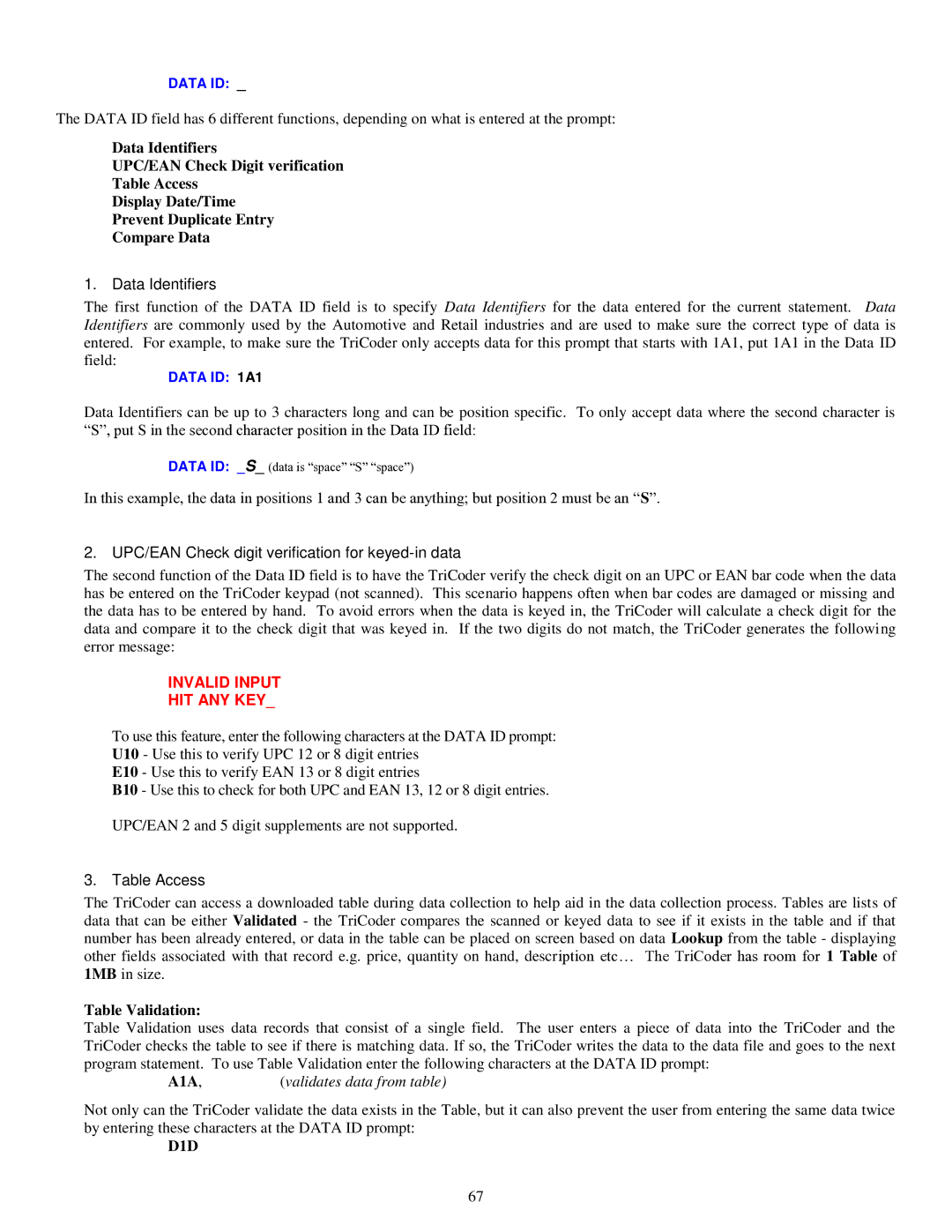 Worth Data 5000 owner manual Table Validation, A1A 