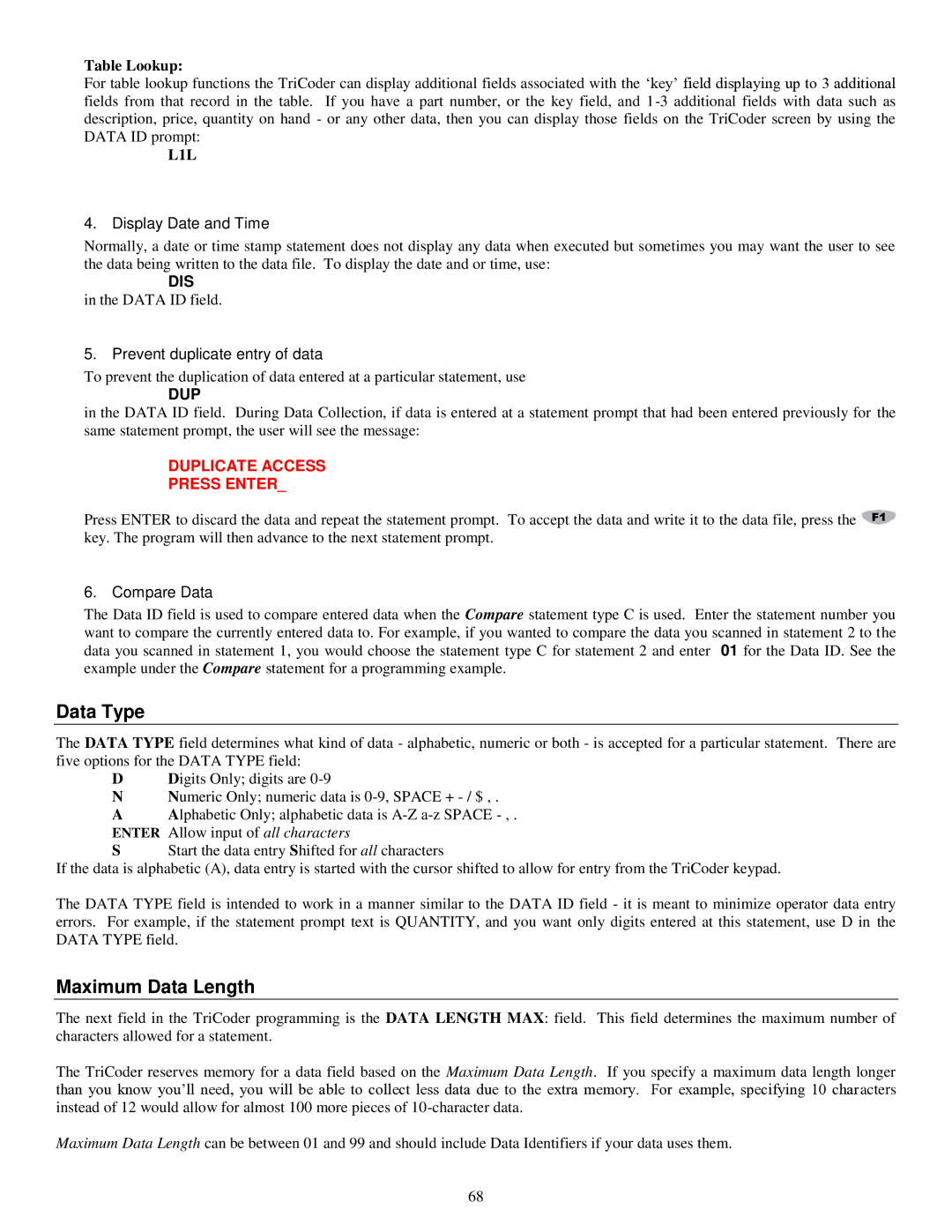 Worth Data 5000 owner manual Data Type, Maximum Data Length, Table Lookup 