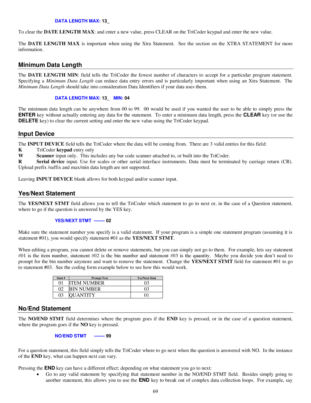 Worth Data 5000 owner manual Minimum Data Length, Input Device, Yes/Next Statement, No/End Statement 