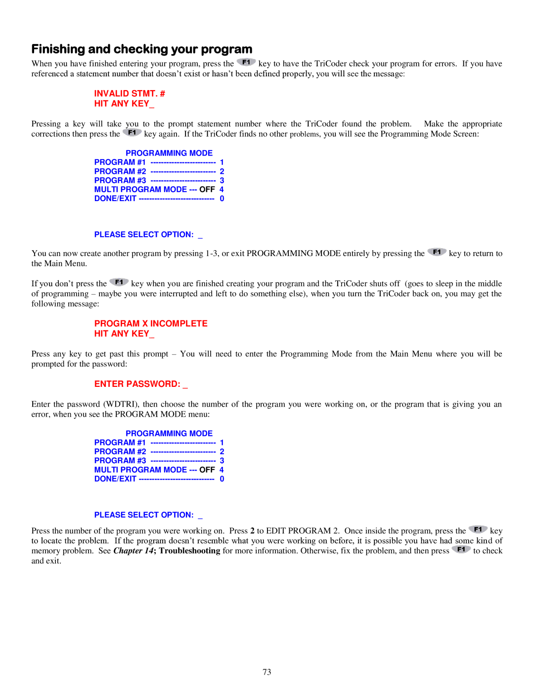 Worth Data 5000 owner manual Finishing and checking your program, Invalid STMT. # HIT ANY KEY 