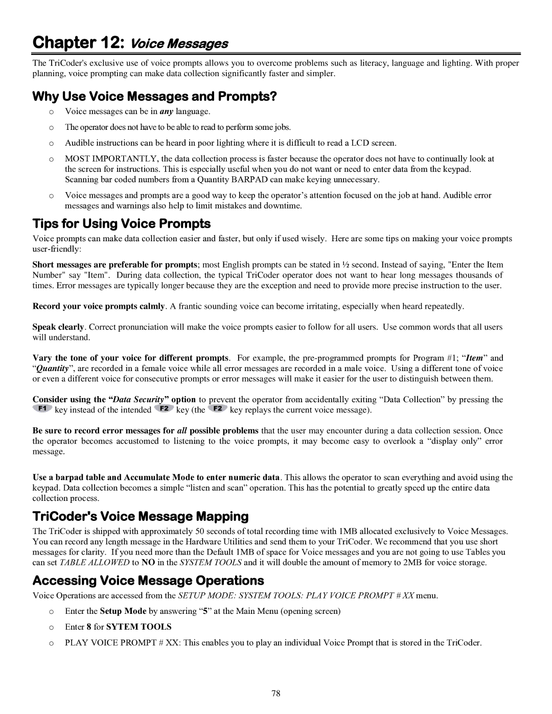 Worth Data 5000 Why Use Voice Messages and Prompts?, Tips for Using Voice Prompts, TriCoders Voice Message Mapping 