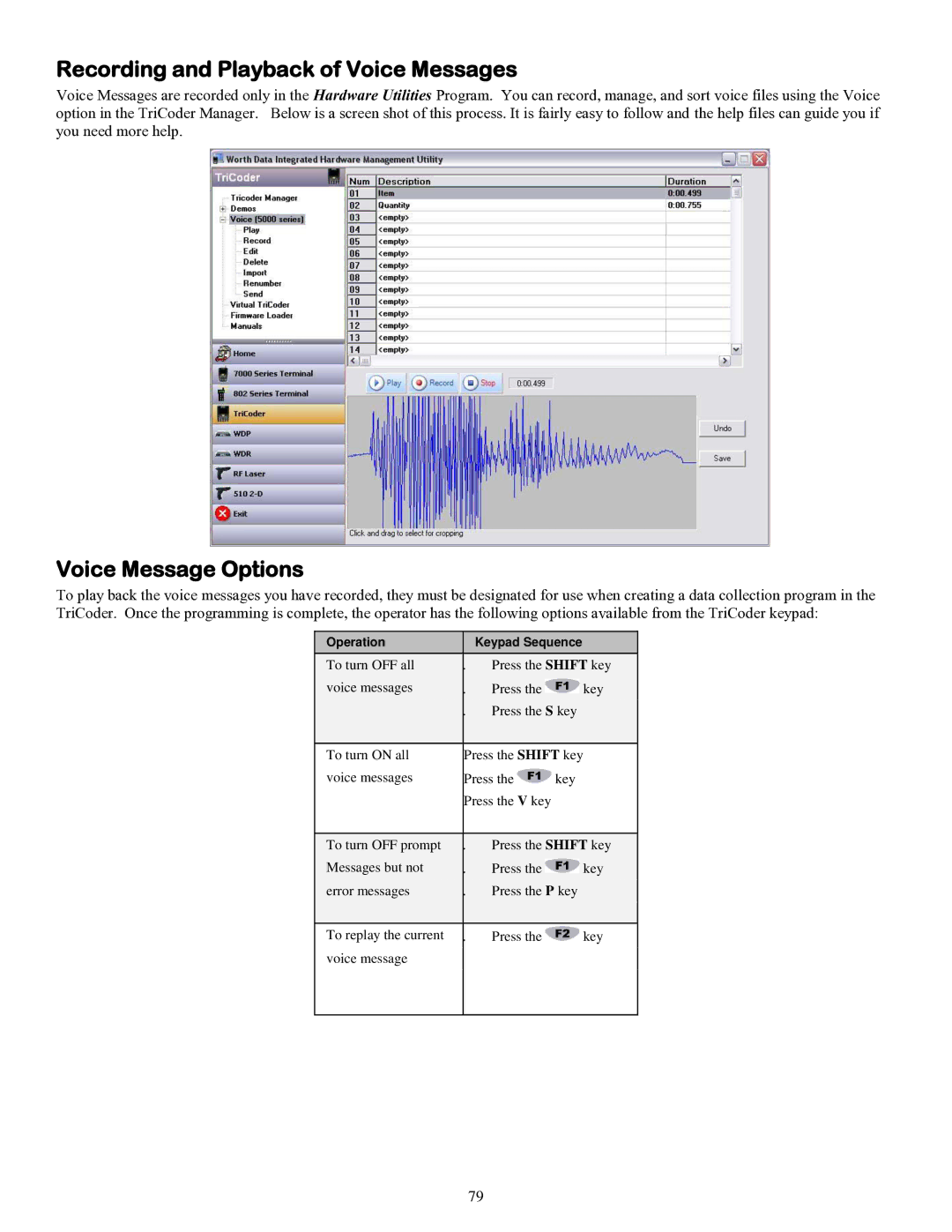 Worth Data 5000 owner manual Recording and Playback of Voice Messages, Voice Message Options 