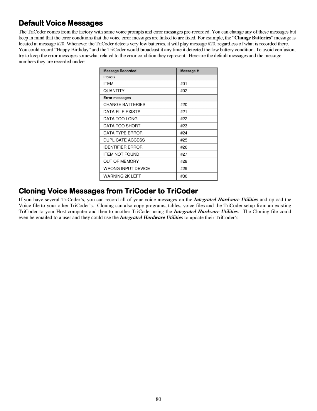 Worth Data 5000 owner manual Default Voice Messages, Cloning Voice Messages from TriCoder to TriCoder 