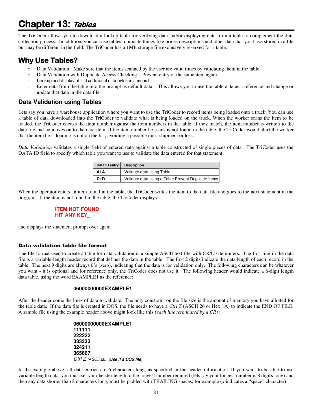 Worth Data 5000 Why Use Tables?, Data Validation using Tables, Data validation table file format, 06000000000EXAMPLE1 