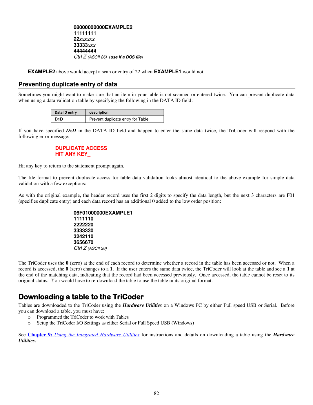 Worth Data 5000 Downloading a table to the TriCoder, Preventing duplicate entry of data, 08000000000EXAMPLE2 11111111 