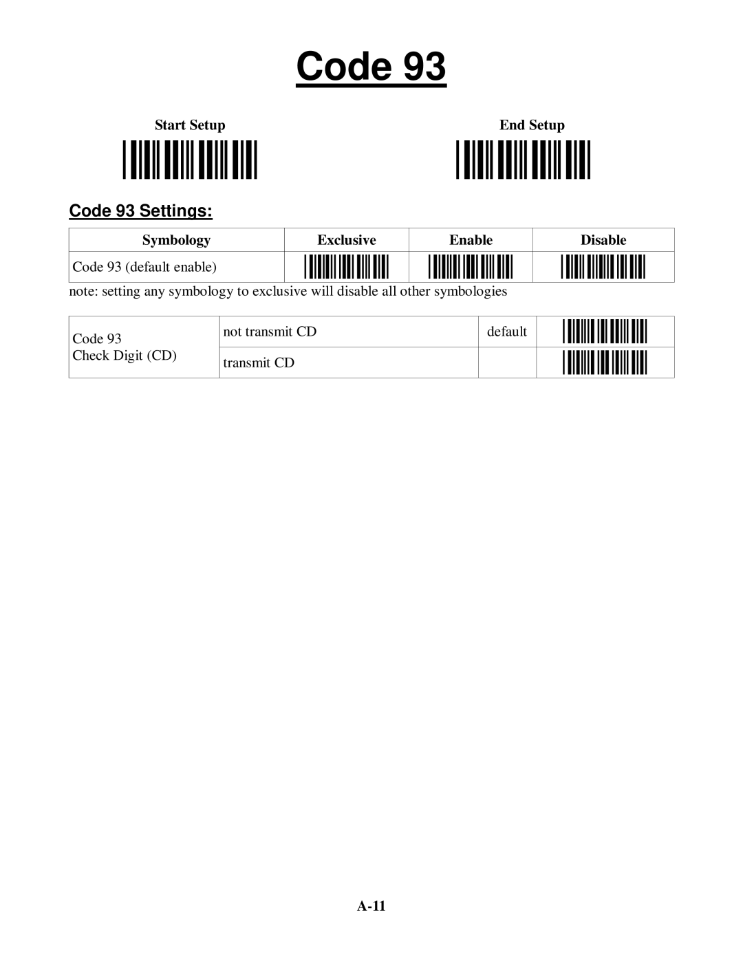 Worth Data 5202D owner manual Code 93 Settings, Symbology Exclusive Enable Disable Code 93 default enable 