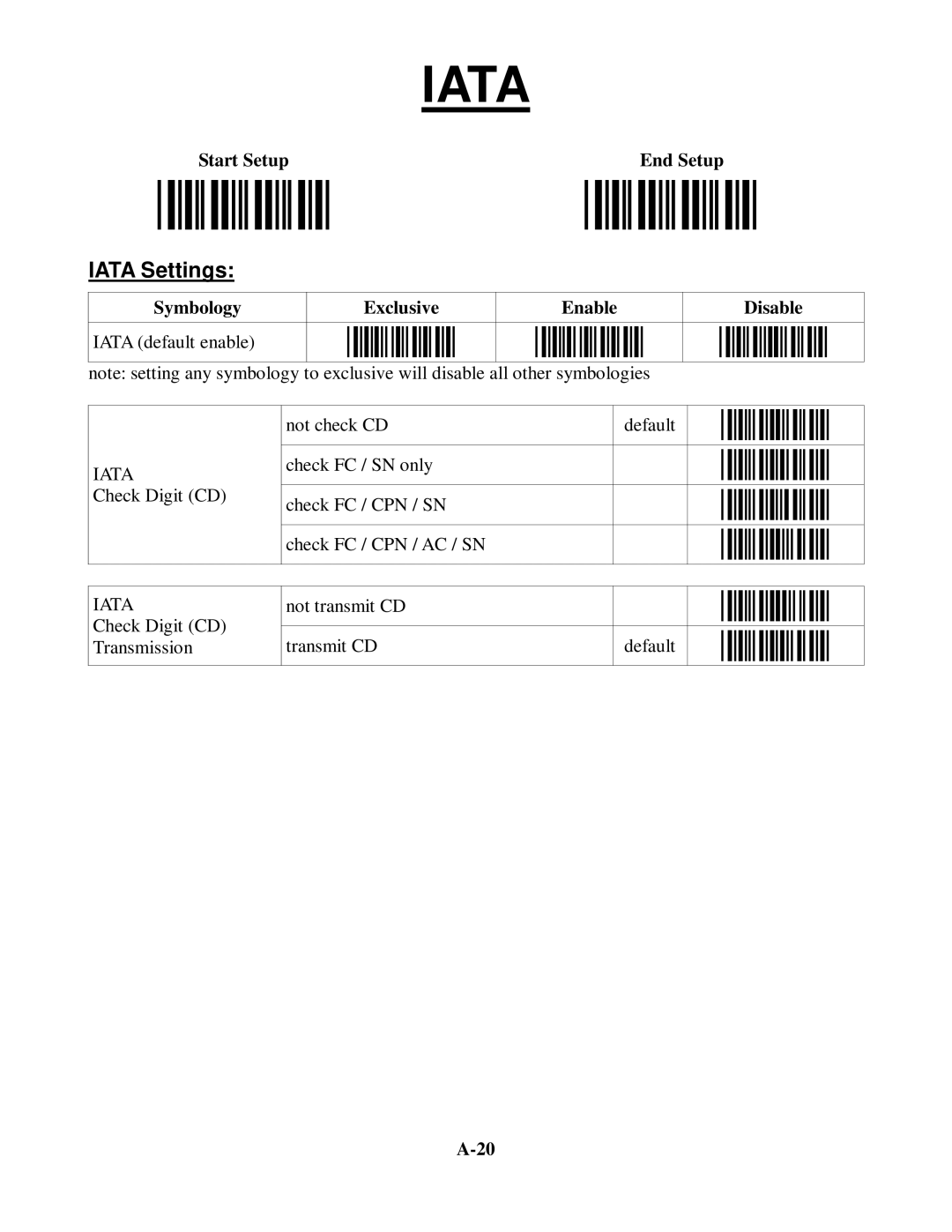 Worth Data 5202D owner manual Iata Settings, Symbology Exclusive Enable Disable Iata default enable 