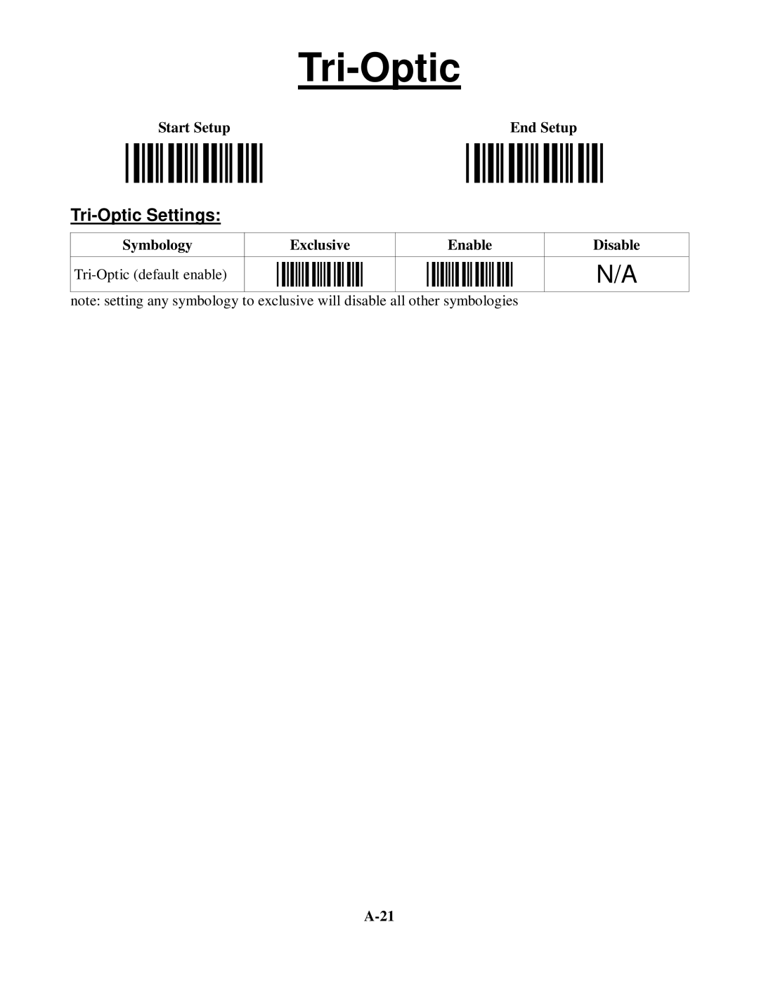 Worth Data 5202D owner manual Tri-Optic Settings, Symbology Exclusive Enable Disable Tri-Optic default enable 