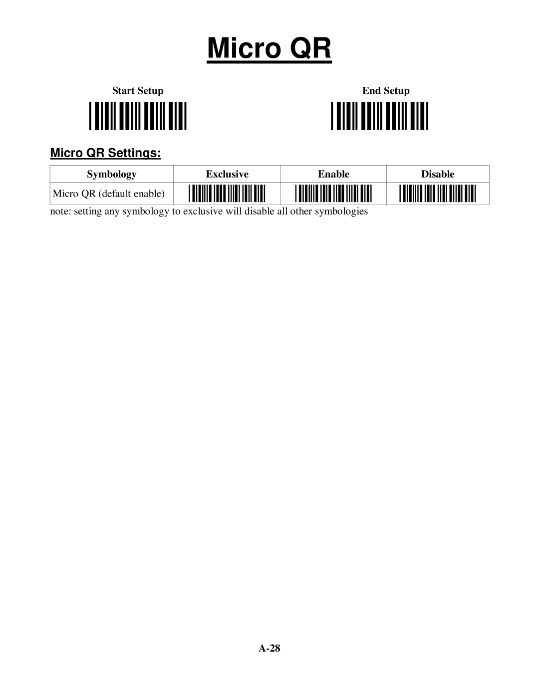 Worth Data 5202D owner manual Micro QR Settings, Symbology Exclusive Enable Disable Micro QR default enable 