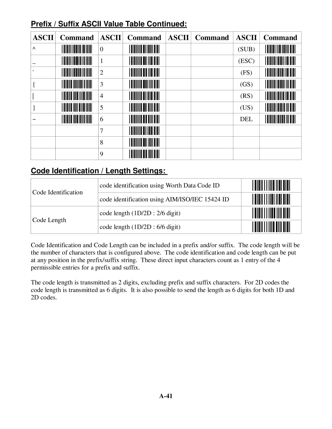 Worth Data 5202D owner manual Code Identification / Length Settings 