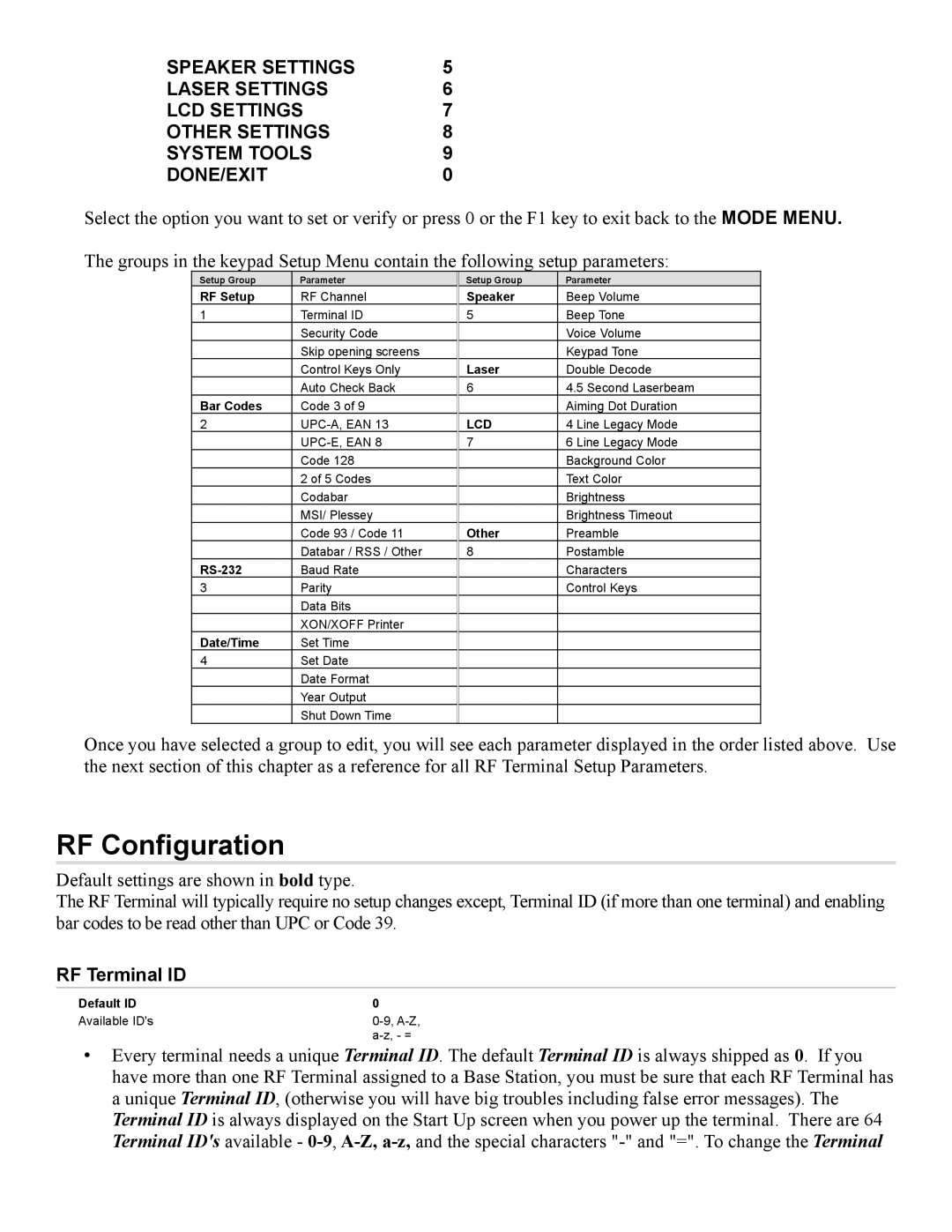 Worth Data 7000 manual RF Configuration, RF Terminal ID 