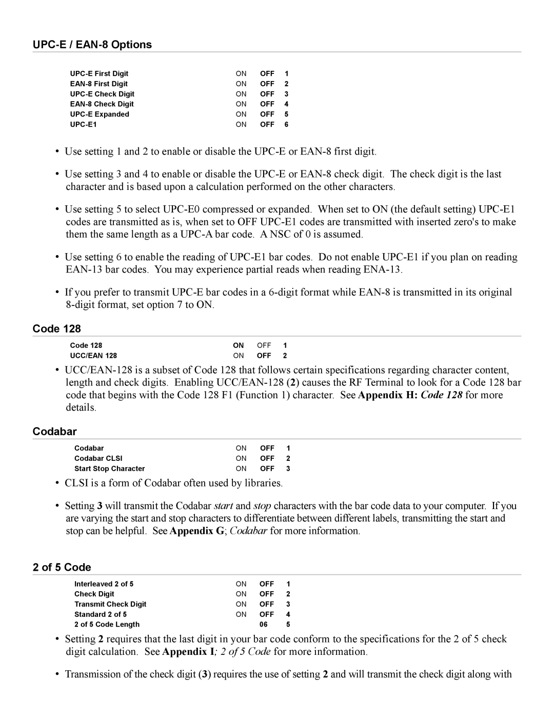 Worth Data 7000 manual UPC-E / EAN-8 Options, Code, Codabar 