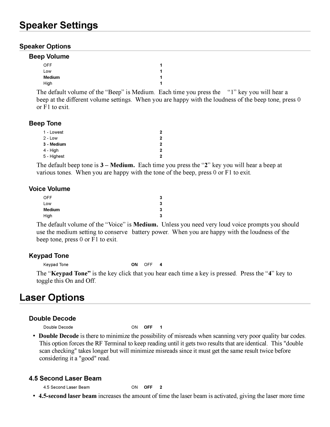 Worth Data 7000 manual Speaker Settings, Laser Options 