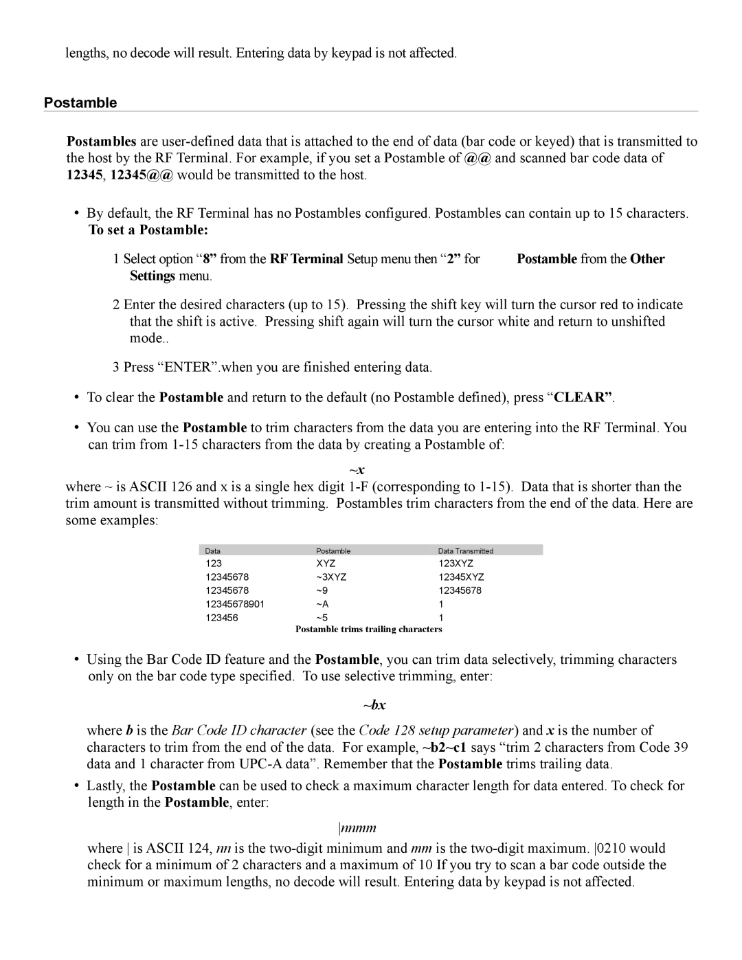 Worth Data 7000 manual Postamble, Settings menu 