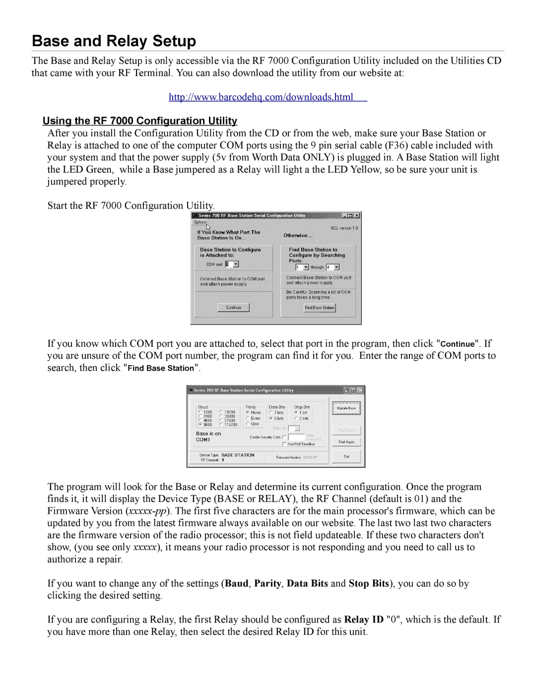 Worth Data manual Base and Relay Setup, Using the RF 7000 Configuration Utility 