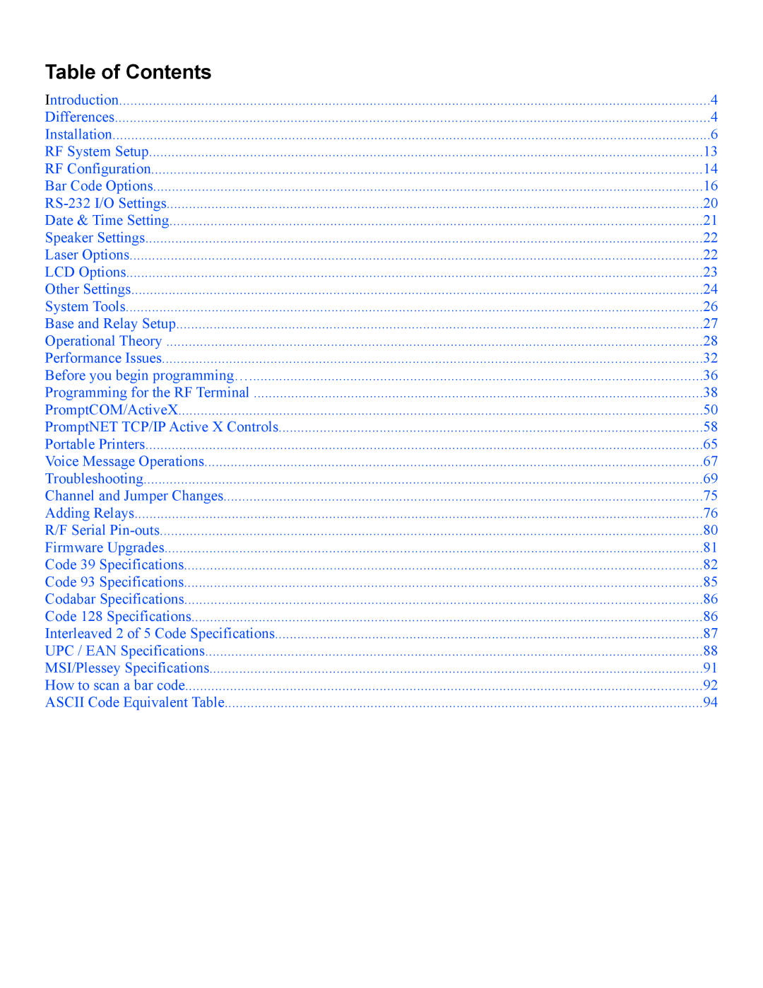 Worth Data 7000 manual Table of Contents 