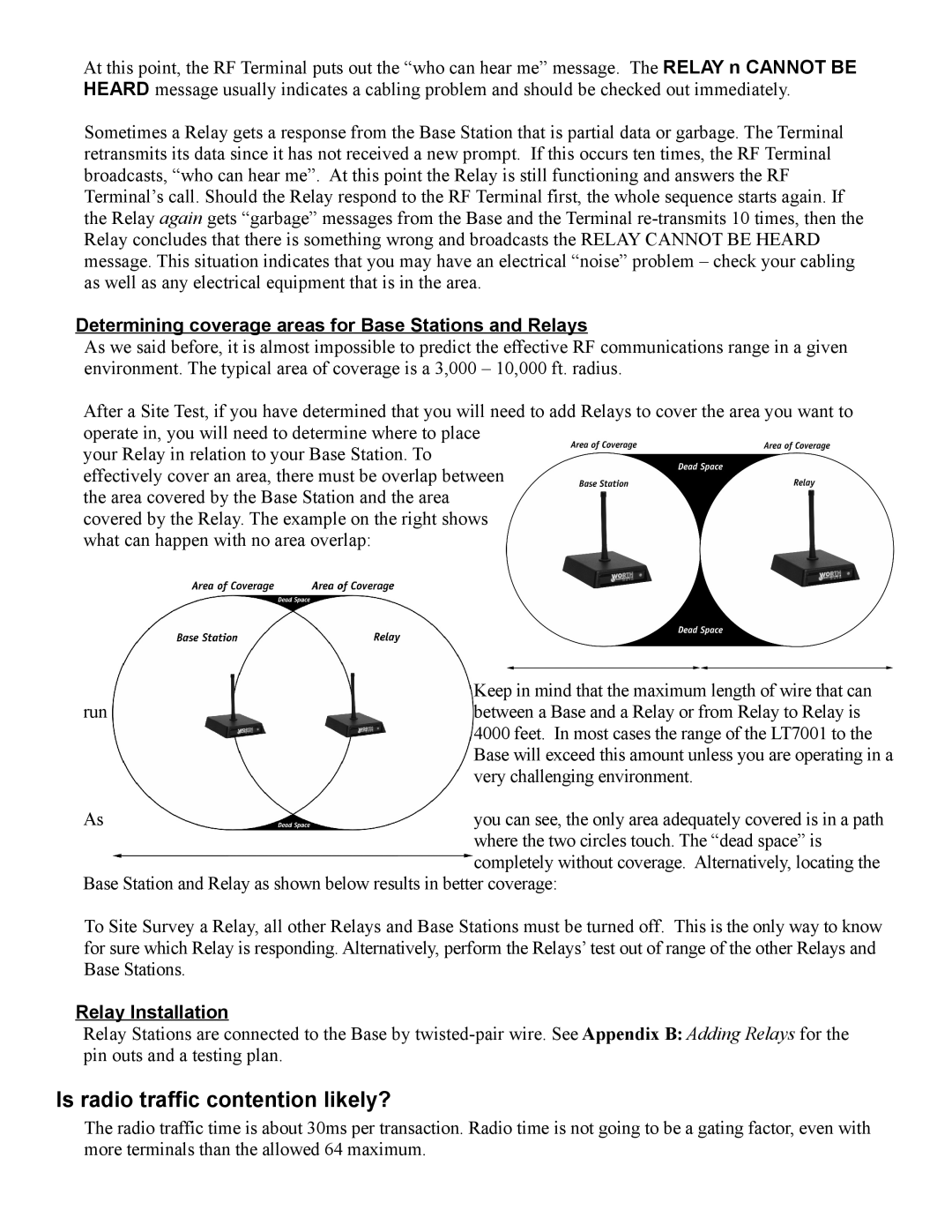 Worth Data 7000 manual Is radio traffic contention likely?, Determining coverage areas for Base Stations and Relays 