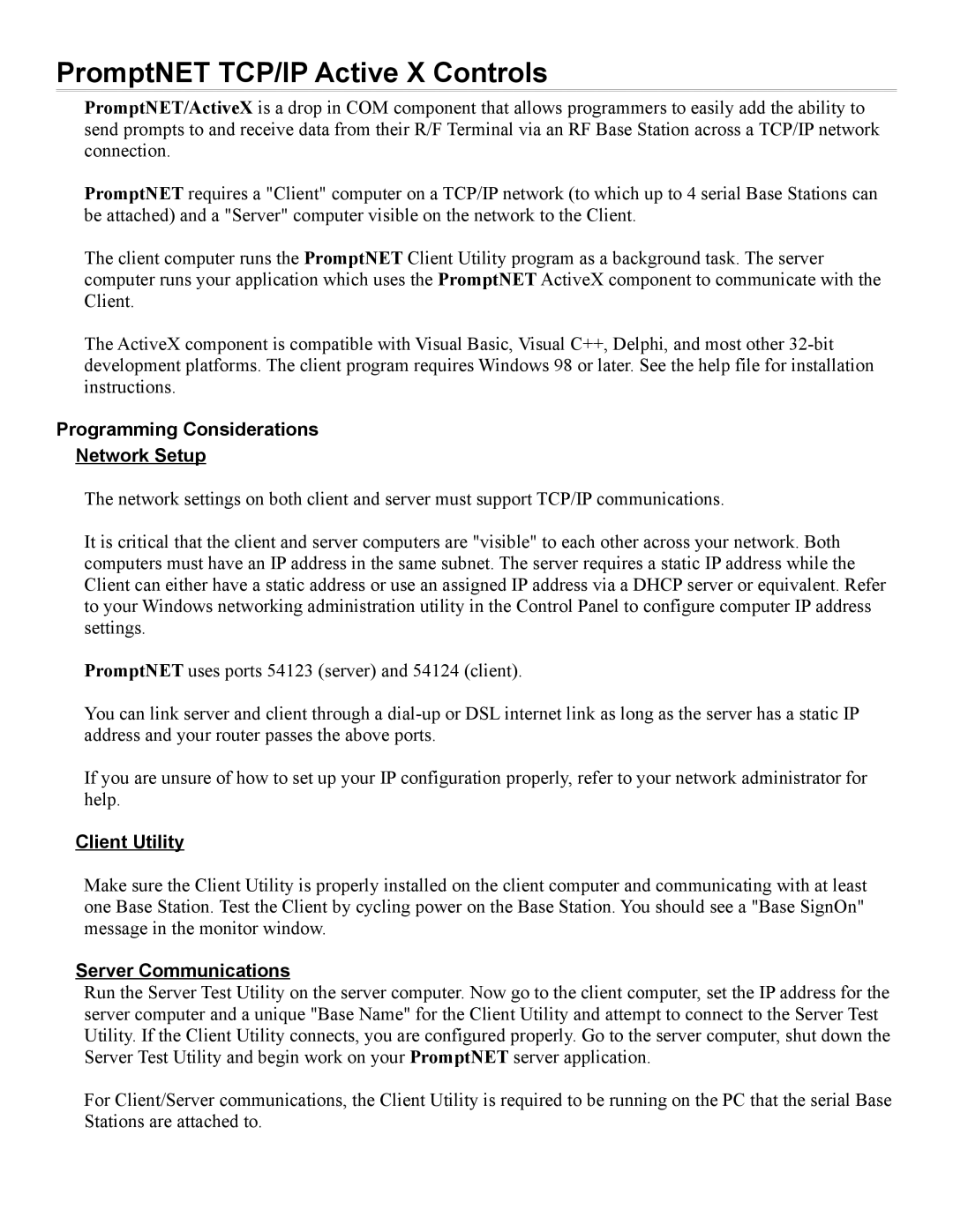 Worth Data 7000 manual PromptNET TCP/IP Active X Controls, Programming Considerations Network Setup, Client Utility 