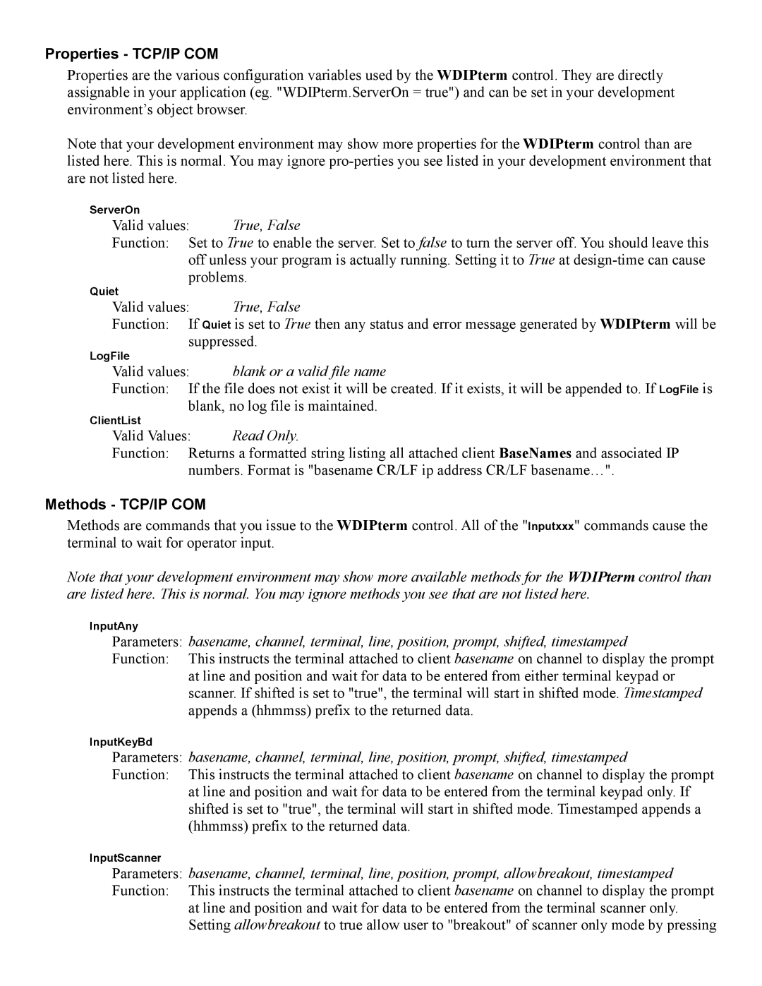 Worth Data 7000 Properties TCP/IP COM, Problems, Valid values blank or a valid file name, Read Only, Methods TCP/IP COM 