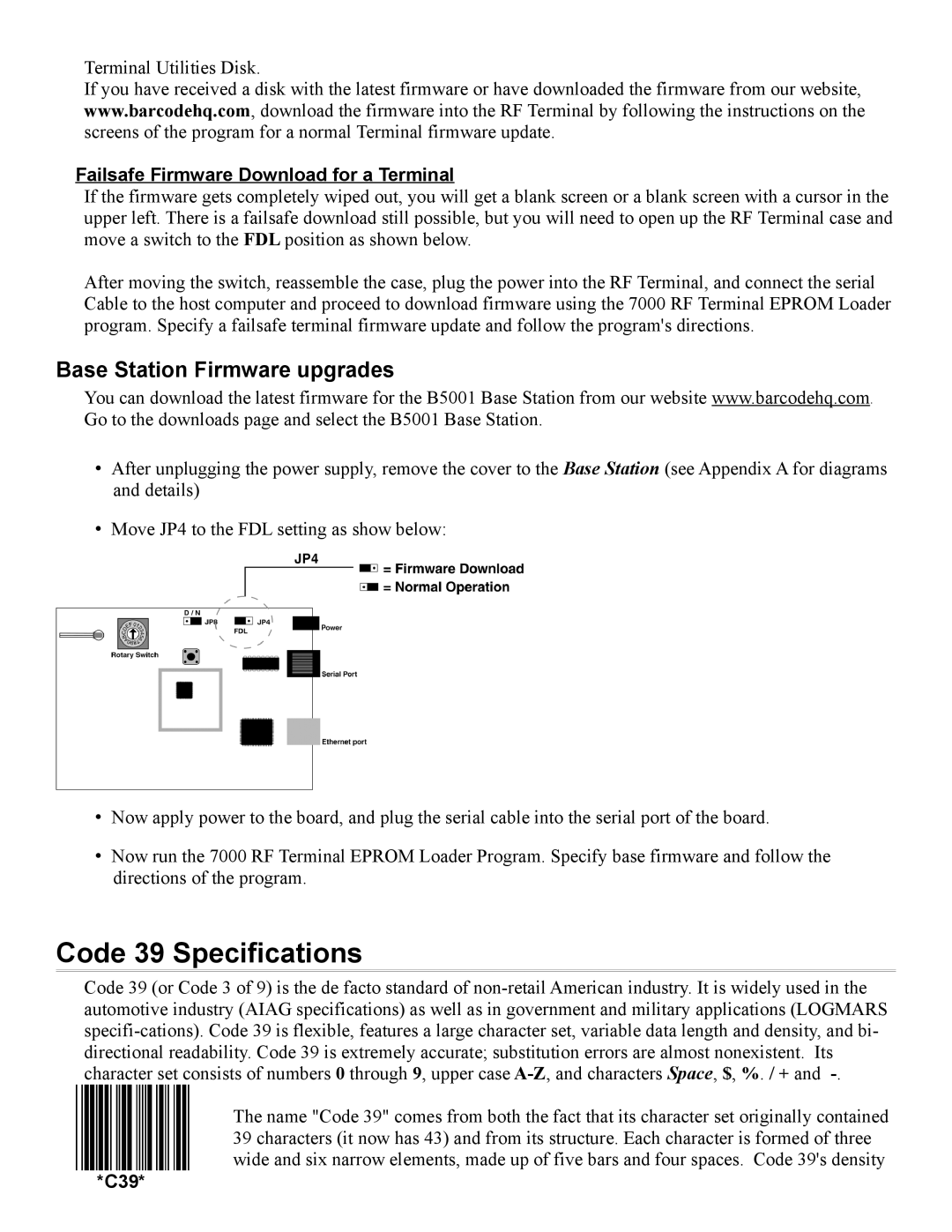 Worth Data 7000 Code 39 Specifications, Base Station Firmware upgrades, Failsafe Firmware Download for a Terminal, C39 
