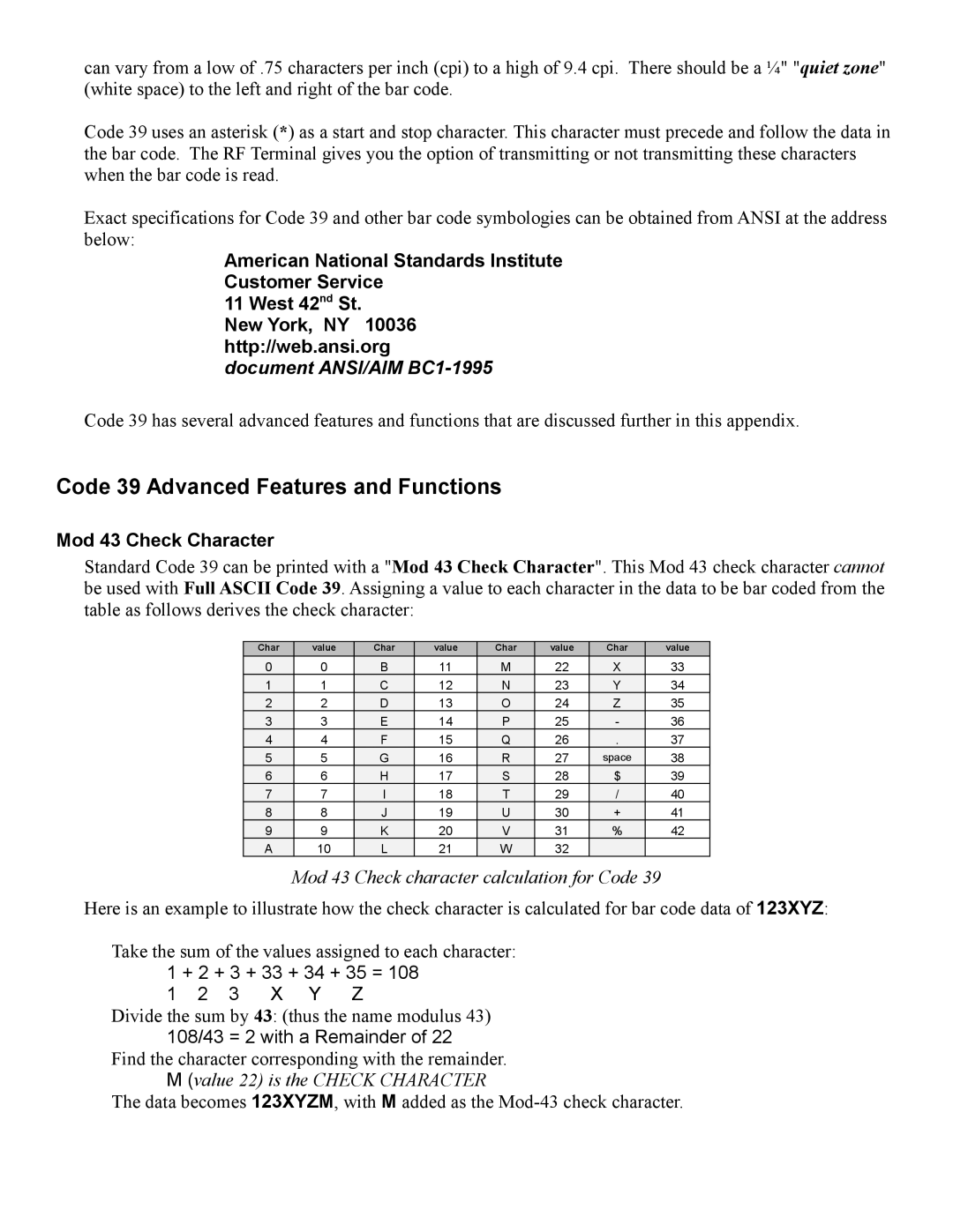 Worth Data 7000 manual Code 39 Advanced Features and Functions, Mod 43 Check Character, Value 22 is the Check Character 