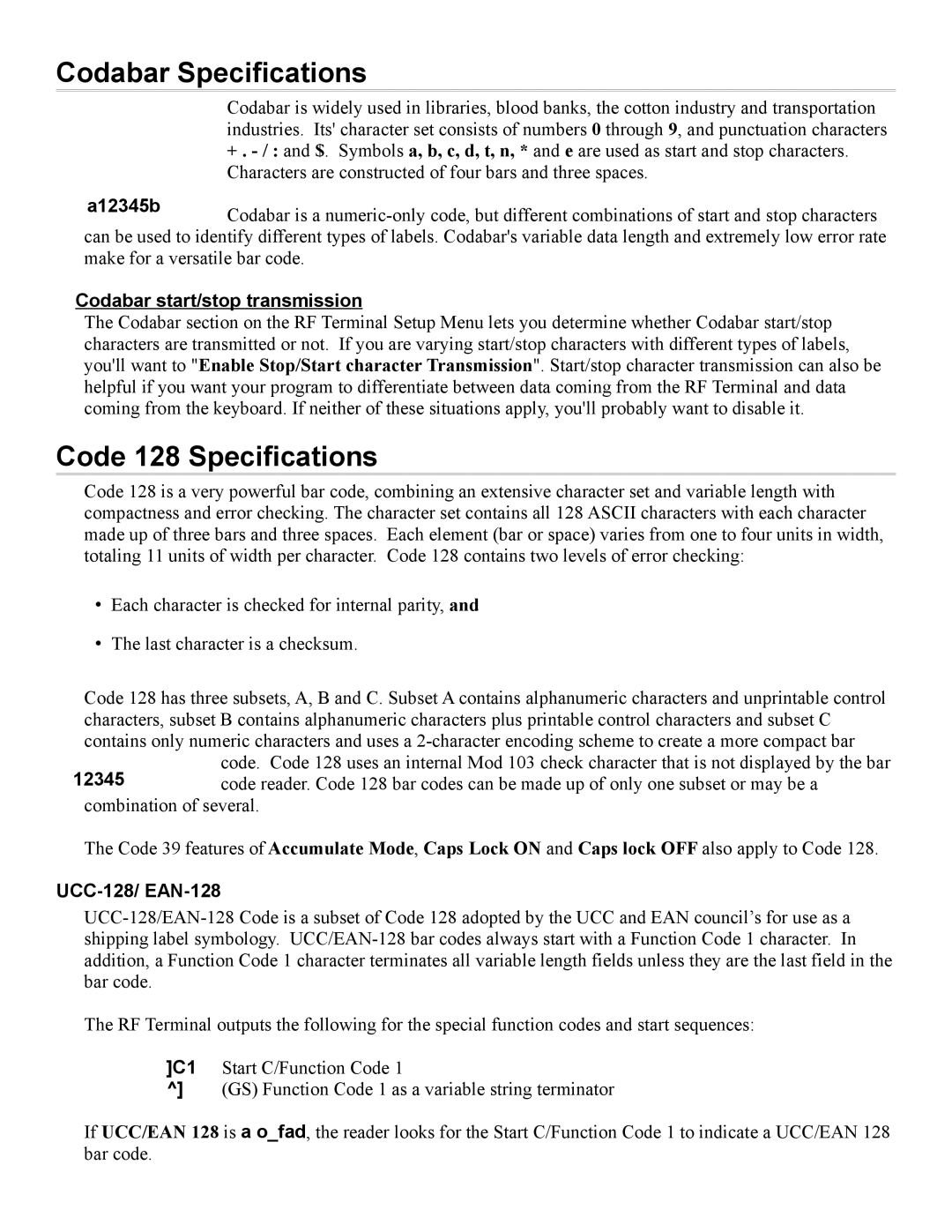 Worth Data 7000 manual Codabar Specifications, Code 128 Specifications, A12345b, Codabar start/stop transmission 