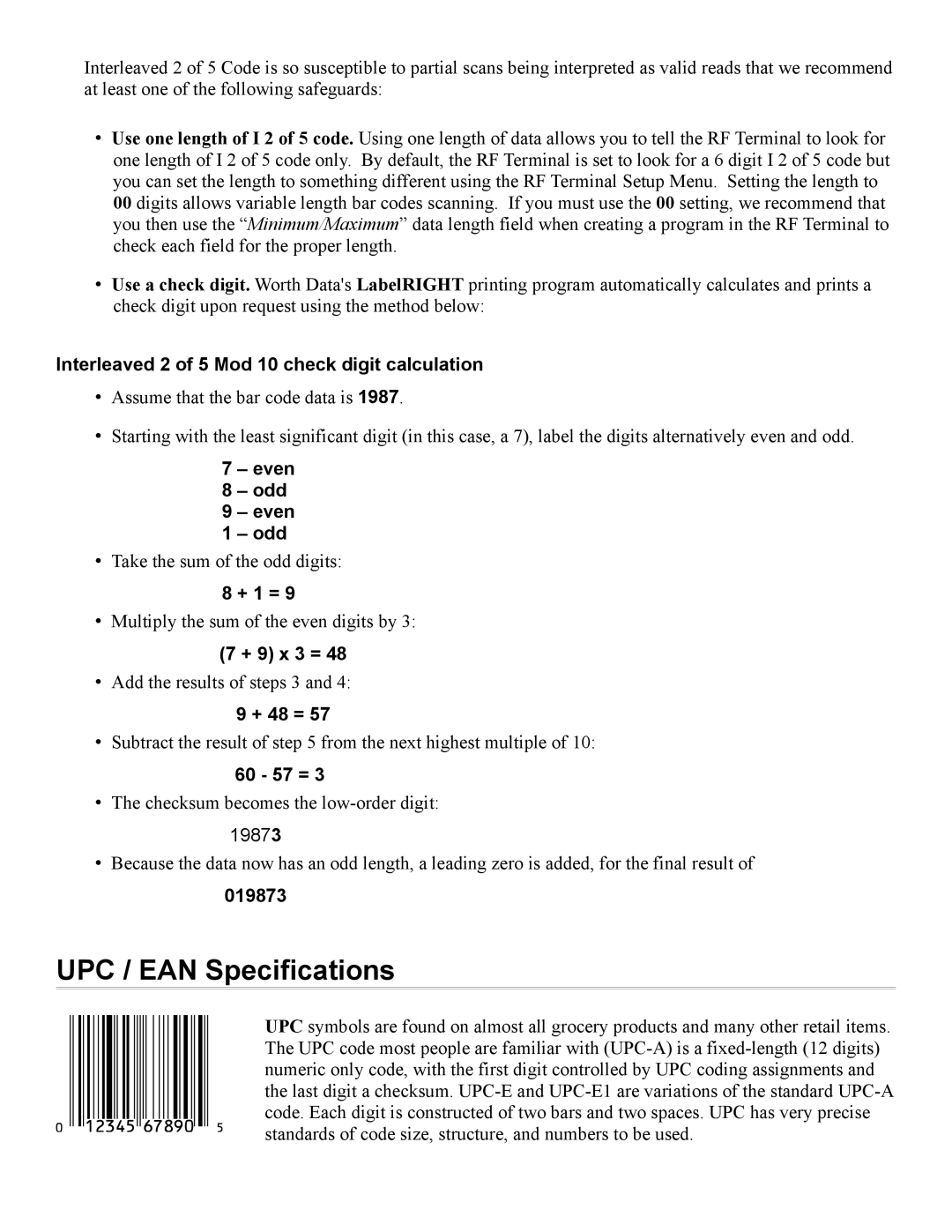 Worth Data 7000 manual UPC / EAN Specifications 