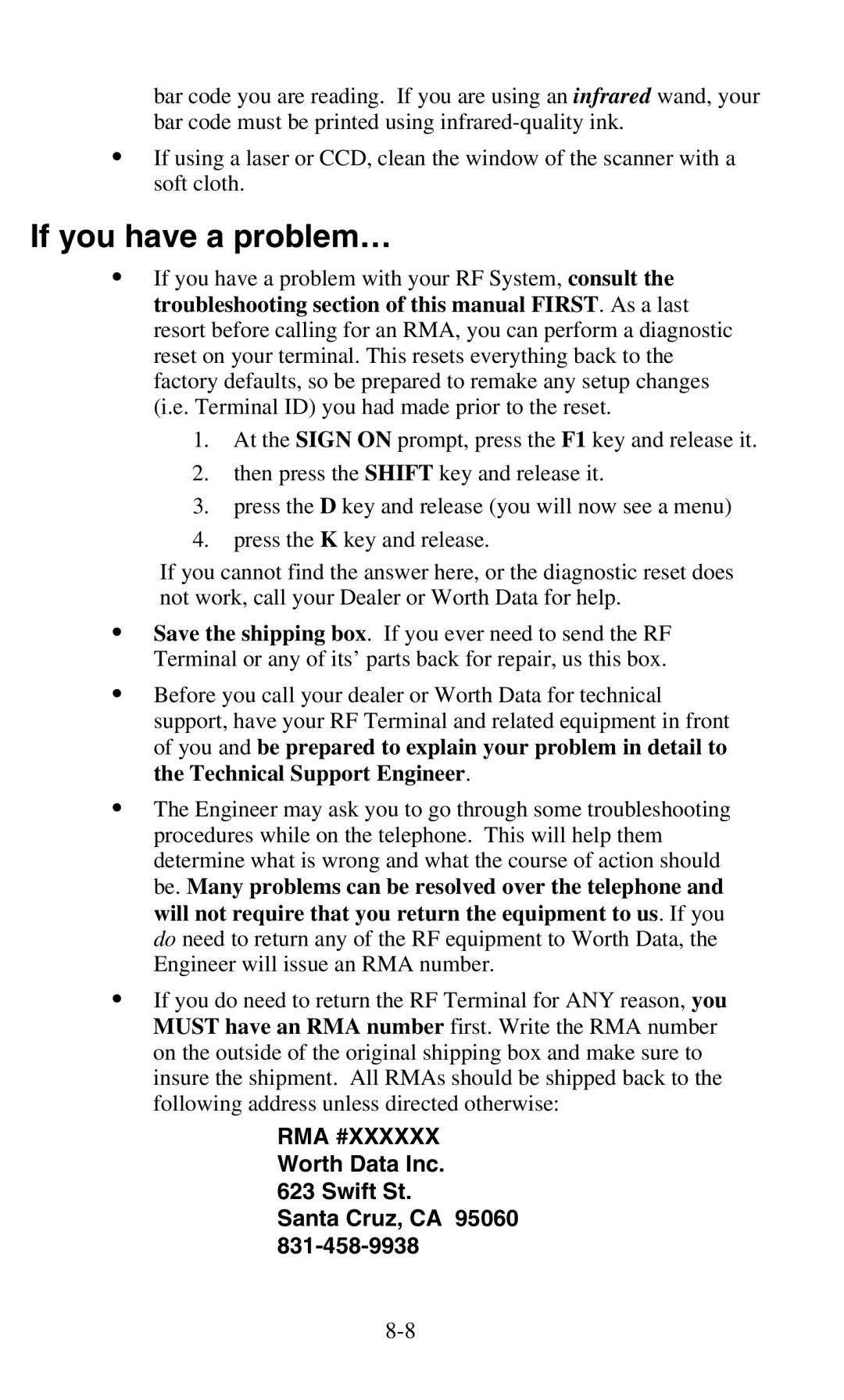 Worth Data 701 RF manual If you have a problem…, Worth Data Inc Swift St Santa Cruz, CA 95060 