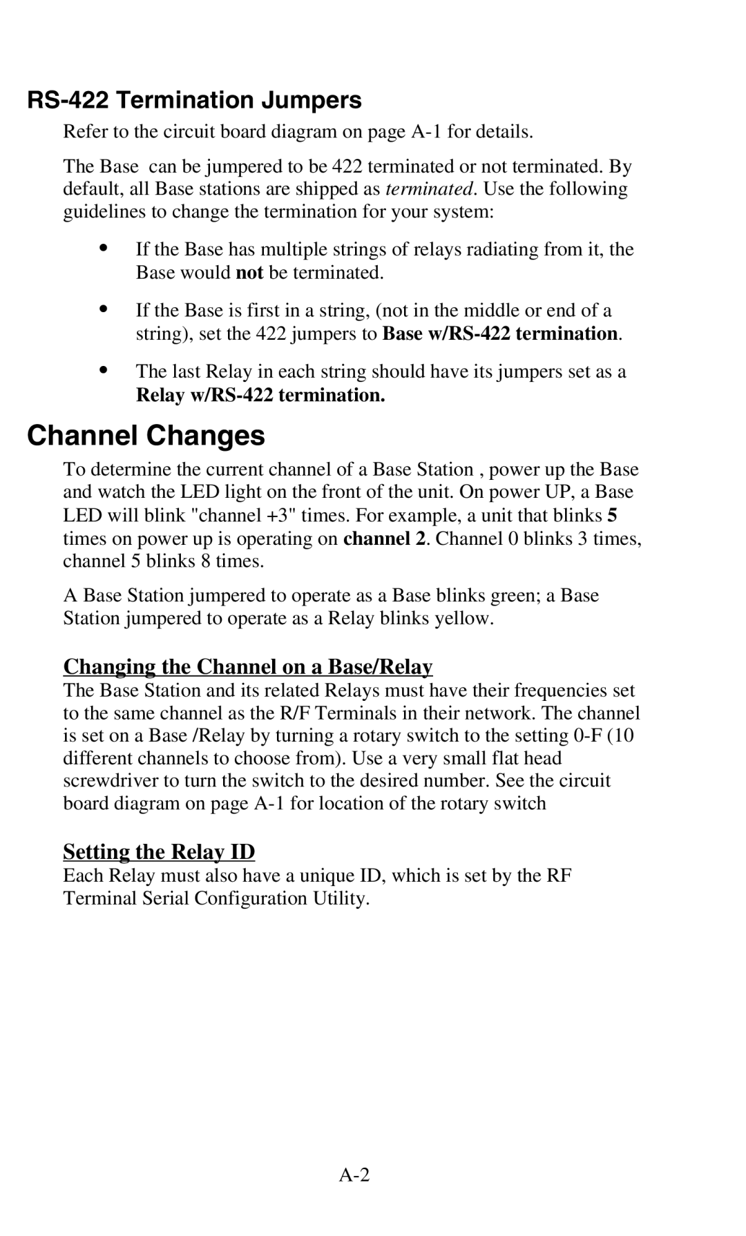 Worth Data 701 RF Channel Changes, RS-422 Termination Jumpers, Changing the Channel on a Base/Relay, Setting the Relay ID 