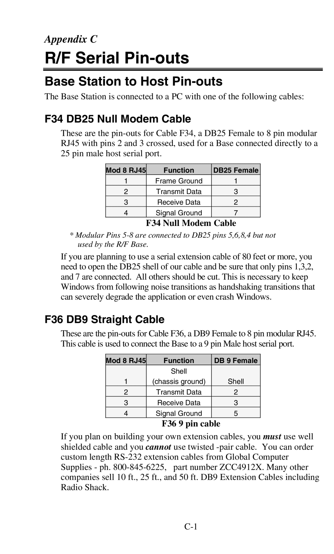 Worth Data 701 RF manual Serial Pin-outs, Base Station to Host Pin-outs, F34 DB25 Null Modem Cable, F36 DB9 Straight Cable 