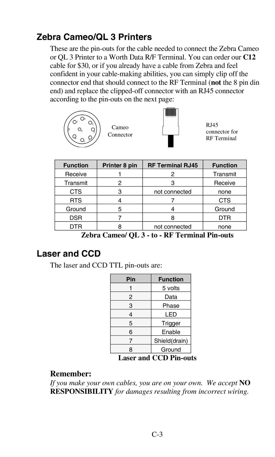 Worth Data 701 RF manual Zebra Cameo/QL 3 Printers, Laser and CCD, Remember, Zebra Cameo/ QL 3 to RF Terminal Pin-outs 