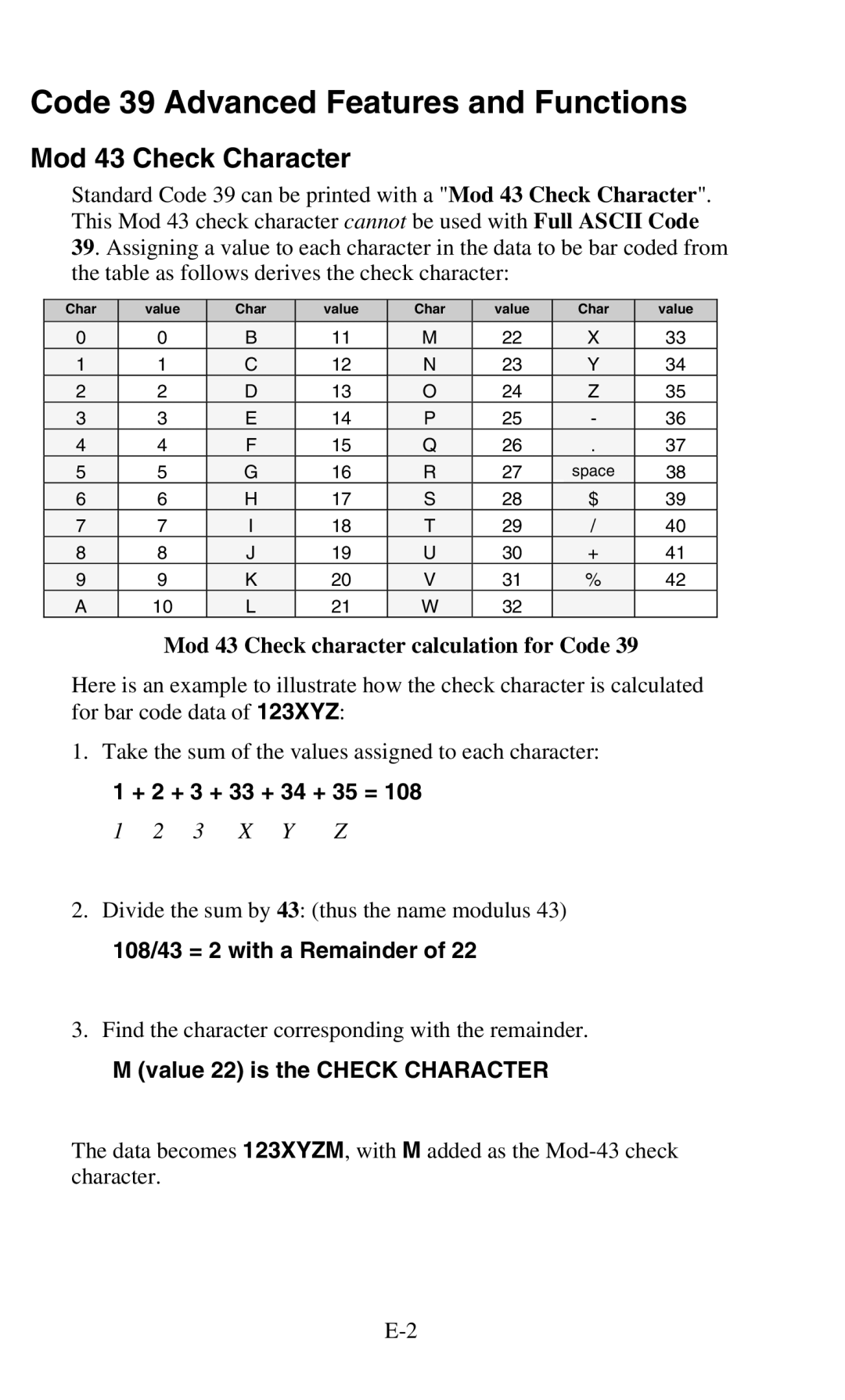 Worth Data 701 RF manual Code 39 Advanced Features and Functions, Mod 43 Check Character, + 2 + 3 + 33 + 34 + 35 = 