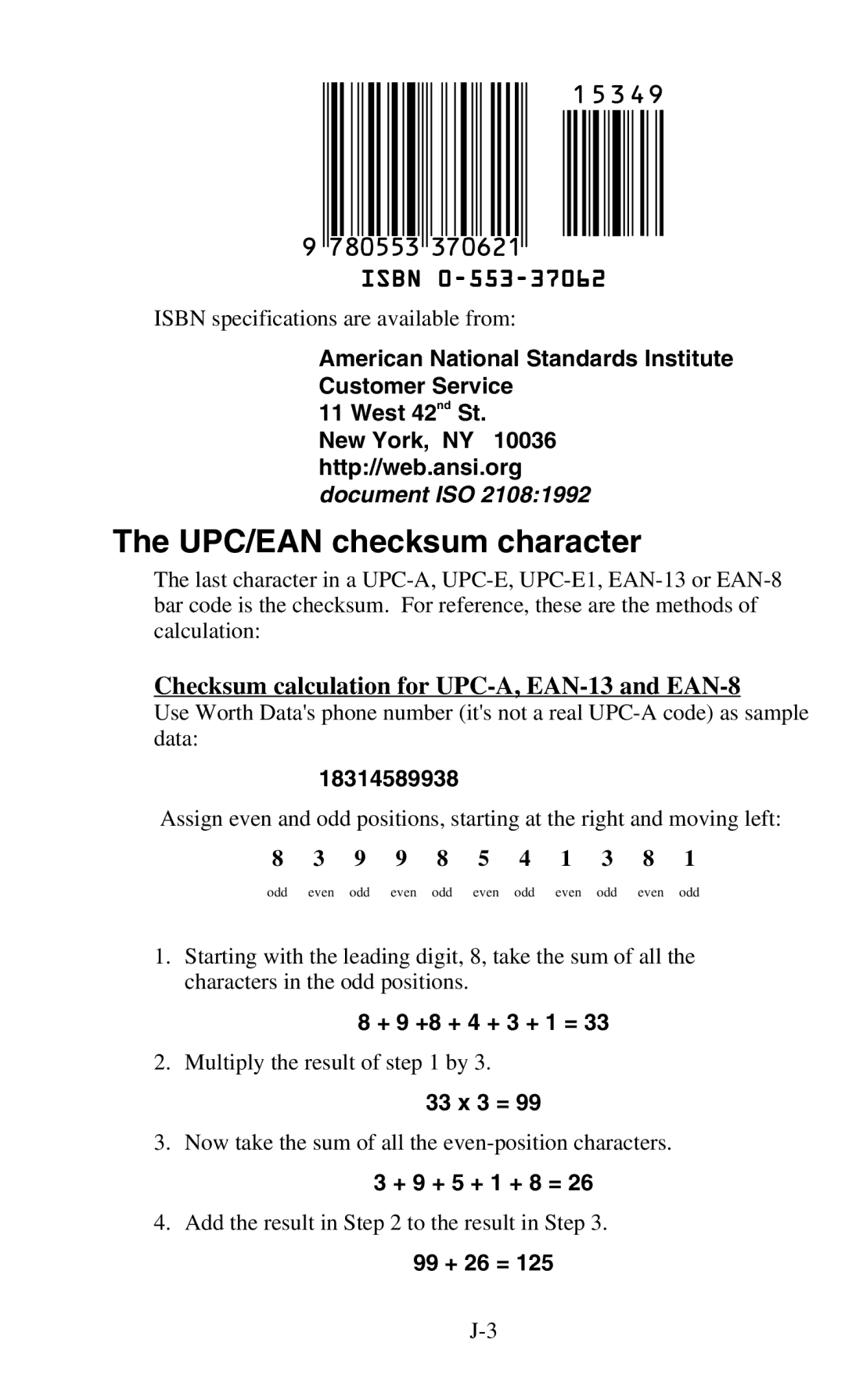 Worth Data 701 RF manual UPC/EAN checksum character, Checksum calculation for UPC-A, EAN-13 and EAN-8 