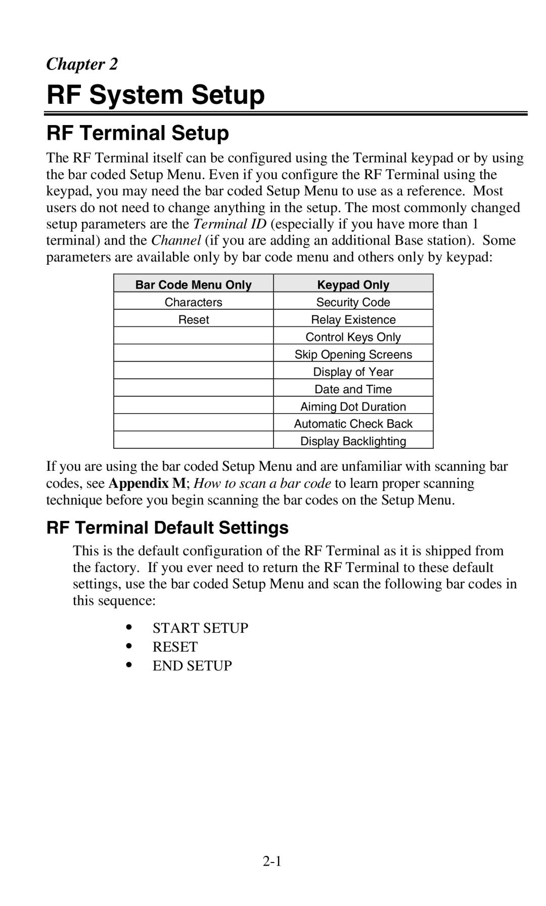 Worth Data 701 RF manual RF System Setup, RF Terminal Setup, RF Terminal Default Settings 