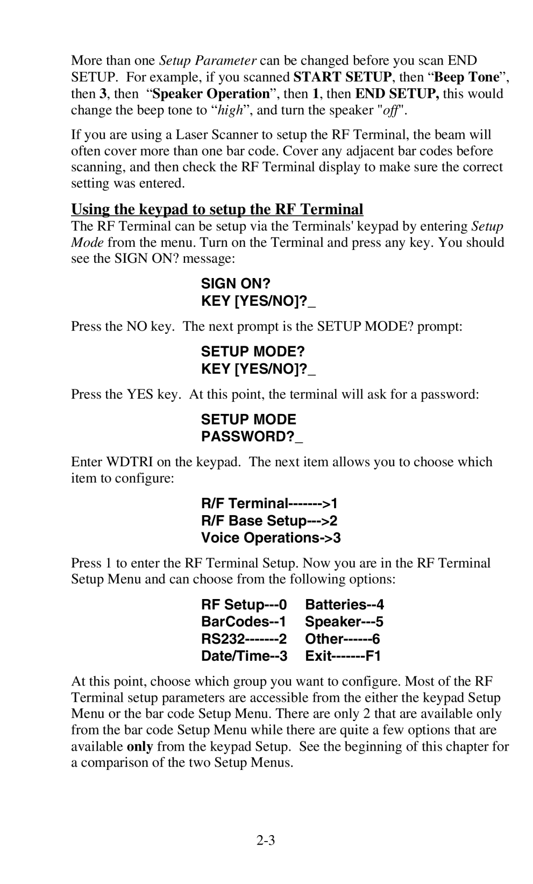 Worth Data 701 RF manual Using the keypad to setup the RF Terminal, Terminal Base Setup Voice Operations-3, RS232 