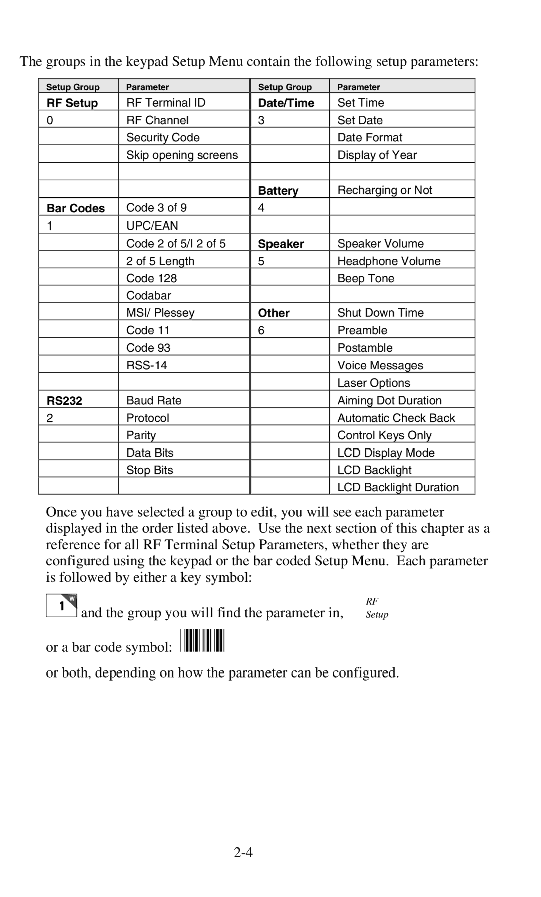 Worth Data 701 RF manual Group you will find the parameter, Date/Time Battery Speaker Other 