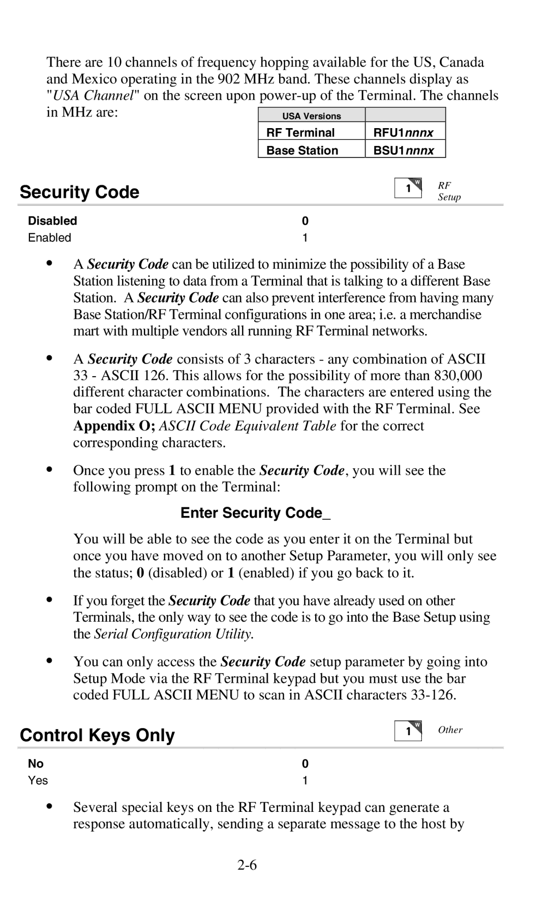 Worth Data 701 RF manual Security Code, Control Keys Only 